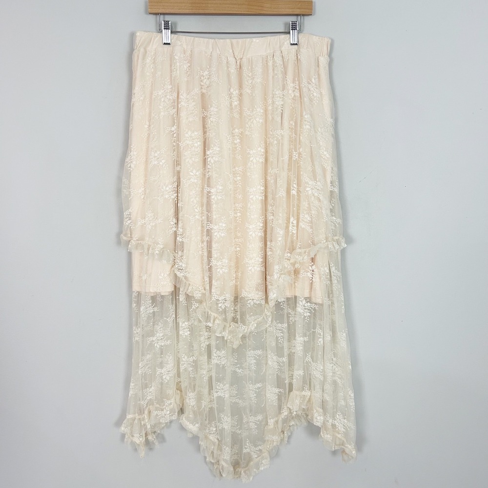 Women's Fairy Lace Midi Skirt Cream Asymmetric Tiered Ruffle Boho Size 2XL